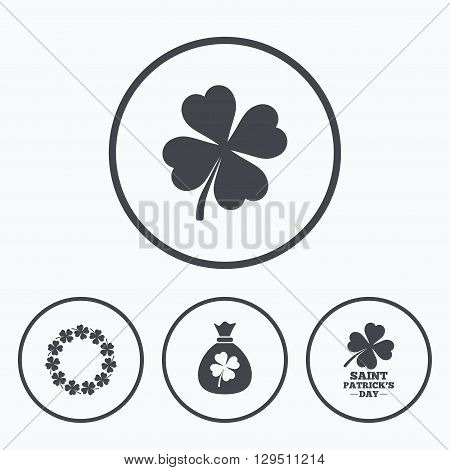 Saint Patrick day icons. Money bag with clover sign. Wreath of quatrefoil clovers. Symbol of good luck. Icons in circles.