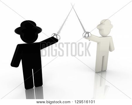A black hat hacker is fencing with a white hat hacker 3D illustration internet security concept