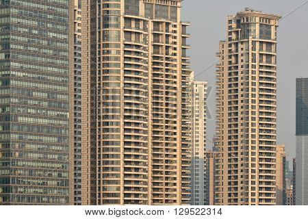 Pudong district skyscrapers in Shanghai, China. Pudong is a district of Shanghai, located east of the Huangpu River.