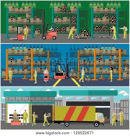 Logistic and delivery service concept banner. Warehouse interior. Vector illustration in flat style design.