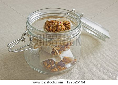 closeup homemade Granola bars in a jar