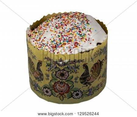 Easter cake decorated with colored sugar on white background.