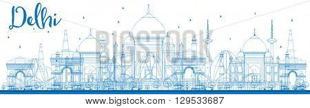 Outline Delhi skyline with blue landmarks. Business travel and tourism concept with historic buildings. Image for presentation, banner, placard and web site.