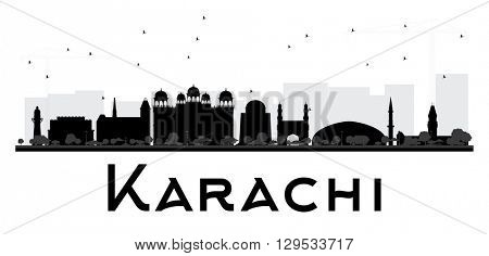 Karachi City skyline black and white silhouette. Simple flat concept for tourism presentation, banner, placard or web site. Business travel concept. Cityscape with landmarks