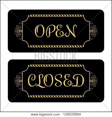 Open and Closed door Sign. Effect of gold. Print symbols for store shop cafe hotel business office etc. Informative icon. Vintage signboard isolated on white background. Stock Vector illustration