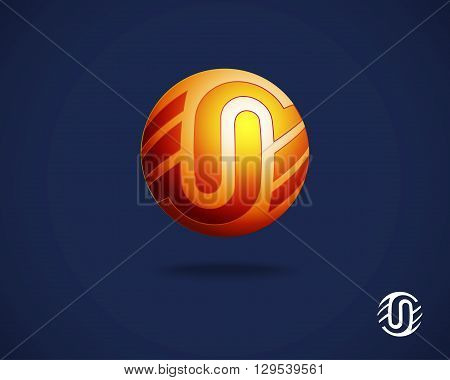 Abstract Logo Design Template. Combination of Letters U and N. Creative Concept Icon. Round Emblem. Orange Logotype on Blue Background