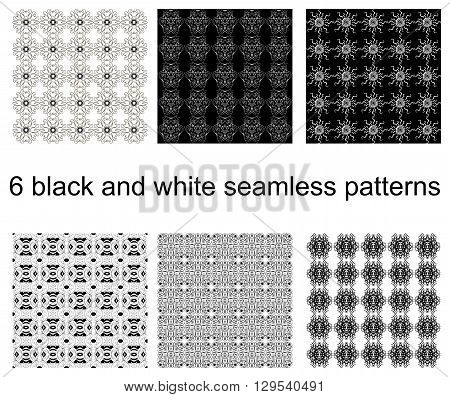 Set of six black-white stylish patterns. Monochrome hand drawn seamless patterns. Fashion grunge backgrounds. Patterns for textile packaging etc. Vector illustration.