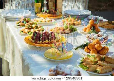 The Wedding Banquet. Buffet table in nature. Tableware. Snacks fruit drinks
