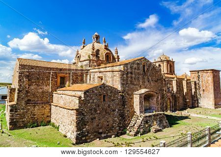 High view of Dome of Pupuka Church in Pukara 66 miles north of Puno Peru