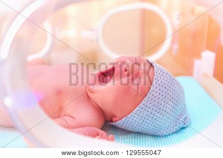Newborn Baby Yawning While Lying In Infant Incubator