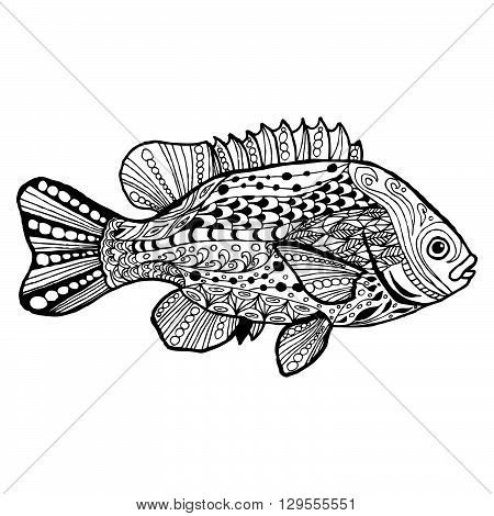 Fish. Hand-drawn fantasy fish with ethnic doodle pattern. Coloring page - zendala for relaxation and meditation for adults vector illustration isolated on a white background. Zen doodle.