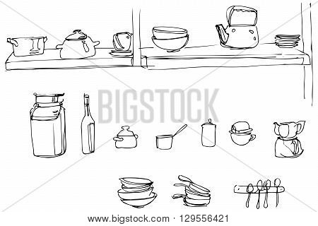 black and white vector sketch of kitchen utensils in the range