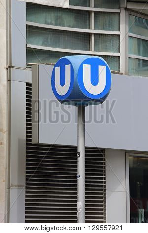 VIENNA AUSTRIA - JULY 12: Underground Station at Stephansplatz in Wien on JULY 12 2015. Blue Underground Sign For Public Transport in Vienna Austria.