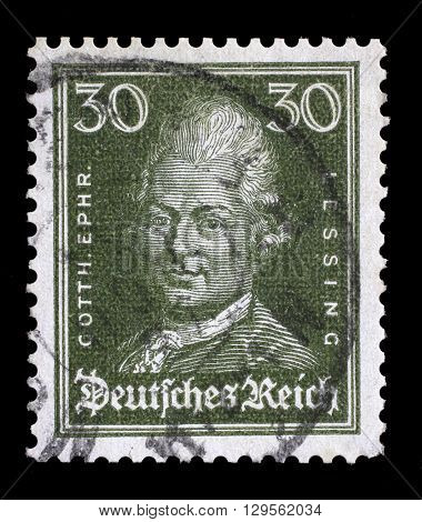 ZAGREB, CROATIA - JUNE 22: A stamp printed in the German Reich shows image of Gotthold Ephraim Lessing, the writer and philosopher, series, circa 1926, on June 22, 2014, Zagreb, Croatia