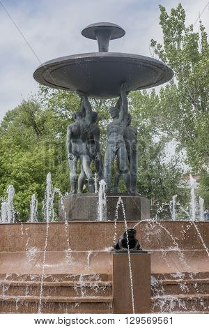 ROSTOV-ON-DON RUSSIA- MAY 11- Theater Square with a fountain in the center.Sculptor E.Vucetich on May 112015 in Rostov-on-Don