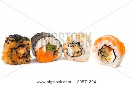 sushi isolated on white background sake, seafood, seaweed,