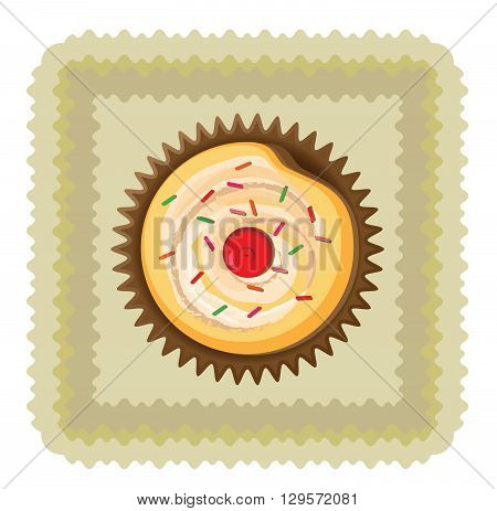 A delicious cupcake with a cherry on a napkin