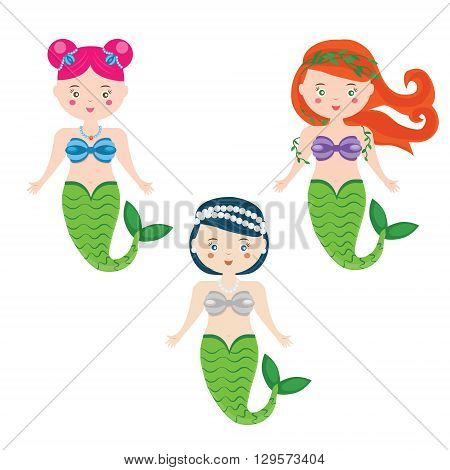 Vector set of three mermaids in cartoon style Isolated mermaid princesses can be used as children stickers paperdolls kids illustrations for scrapbooking and etc