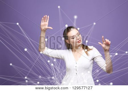 Worldwide network or wireless internet connection futuristic concept. Woman working with linked dots.