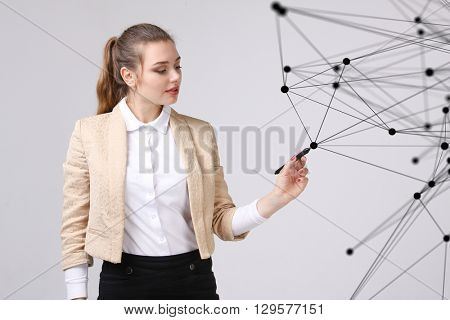 Worldwide network or wireless internet connection futuristic concept. Woman working with linked dots.