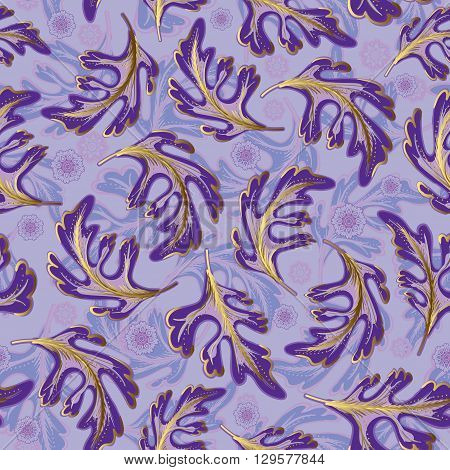 Violet lilac seamless pattern with golden details. Fantasy leaves and flowers multilevel background.