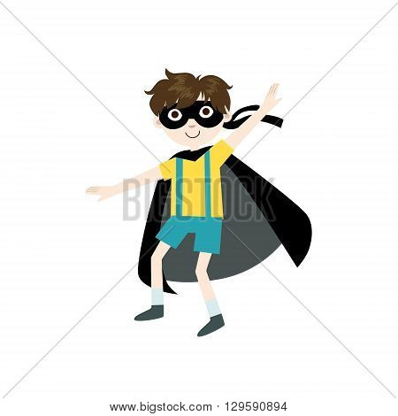 Kid In Superhero Costume With Black Cape Funny And Adorable Flat Isolated Vector Design Illustration On White Background