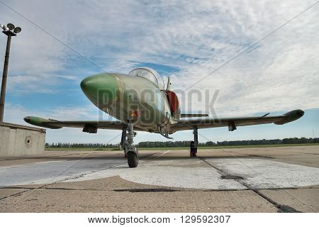 Vasilkov Ukraine - June 19 2010: Aero L-39 Albatros military training plane preparing for a flight on the airfield
