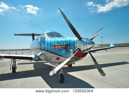 Gelendzhik Russia - September 10 2010: Pilatus PC-12 light turboprop passenger plane on the apron on a sunny day