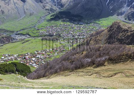 Aerial View Of Stepantsminda Kazbegi Small Town Near Mountain Kazbek In Georgia