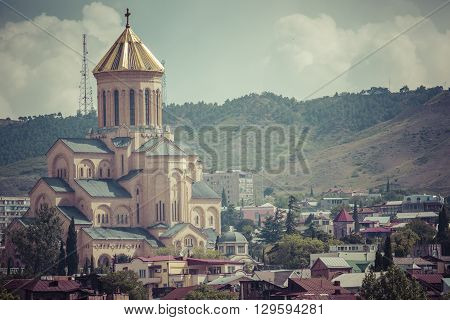 Tbilisi, Georgia - May 07, 2016: View Of The Holy Trinity Cathedral Tsminda Sameba In Tbilisi, Georg