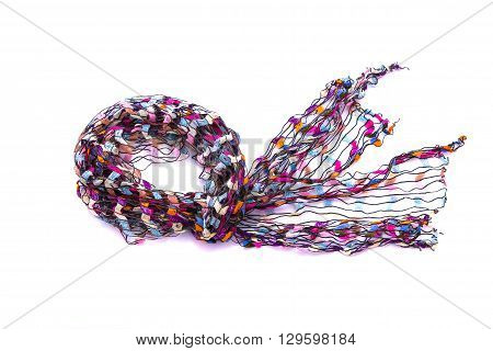 Close up of beautiful multicolor fabric scarf on white background isolated