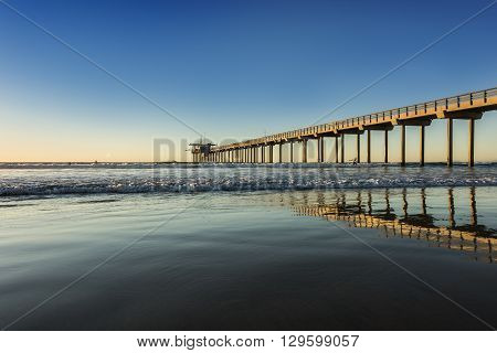 Wide angle shot of Scripps Pier with reflection during sunset in La Jolla, San Diego, California