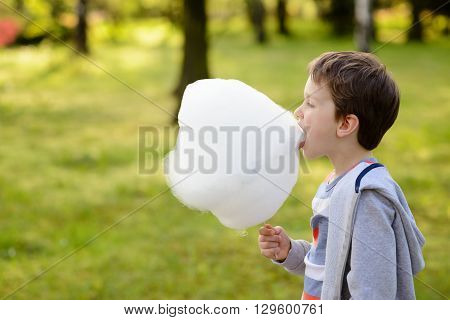7 Years Boy Eating Candy Floss In The Park