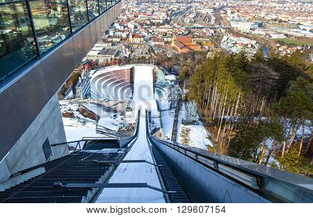 Innsbruck Austria - February 8 2010: Panoramic wiew over the sports and the city from Bergisel skijamping stadium