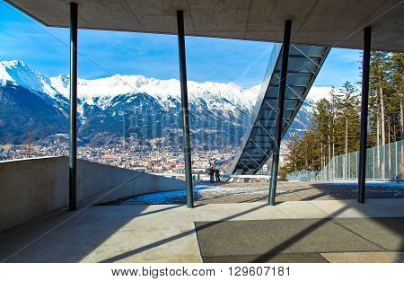 Innsbruck Austria - February 8 2010: Panoramic wiew over the the city from Bergisel skijamping stadium