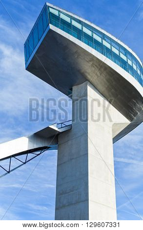 Innsbruck Austria - February 8 2010: Upward view of the tower of the Bergisel skijamping stadium