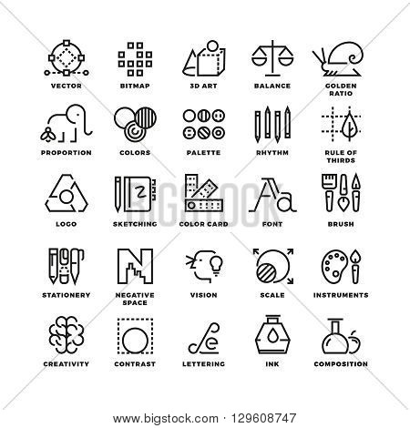 Creative design process linear vector icons for web app. Tool app, button tool drawing, bitmap and proportion tool icon, tool web app sketching illustration