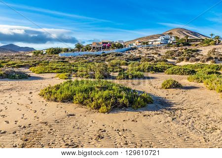 Buildings On Sotavento Beach During Clear Summer Day - Fuerteventura Canary Islands Spain