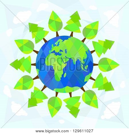 Trees around earth on blue background. Ecology concept. Vector illustration.