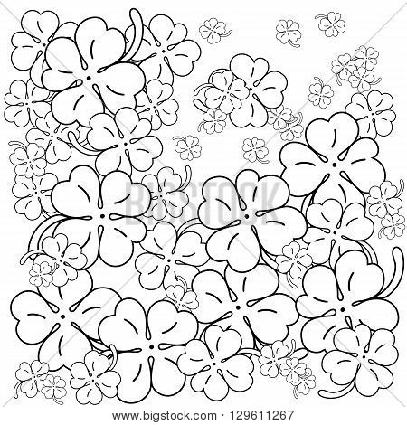 Adult coloring book page.  Four leaf clovers. Hand drawn Vector Illustration. Black and white line art.