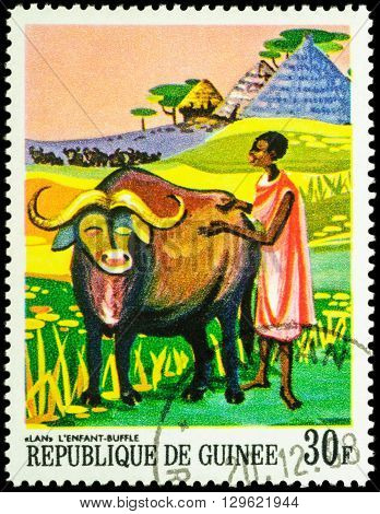 MOSCOW RUSSIA - MAY 12 2016: A stamp printed in Guinea shows Lan african bull and black woman series "Paintings of African Legends" circa 1968