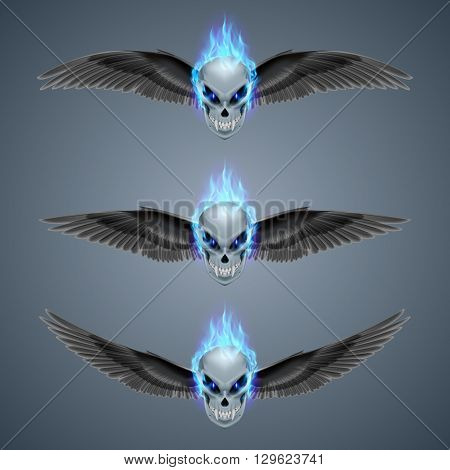 Set of mutant skulls with fangs blue flame and black wings