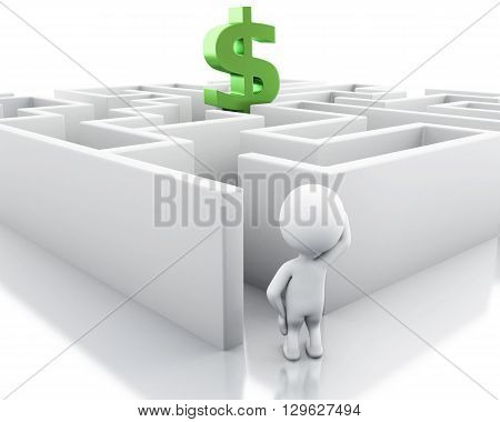 3d renderer image. White people with a maze and dollar sign. Success challenge. Isolated white background.