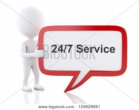 3d renderer image. White people with speech bubble that says 24/7 Service. Business concept. Isolated white background.