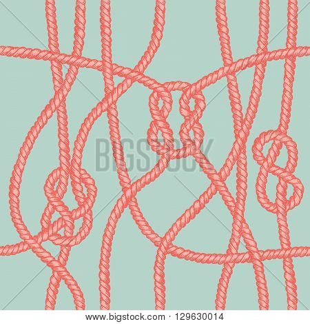 Marine rope knot seamless pattern. Endless navy illustration with red rope ornament and nautical knots on green background. For fabric, wallpaper, wrapping. Figure 8, sheet bend and square knots.