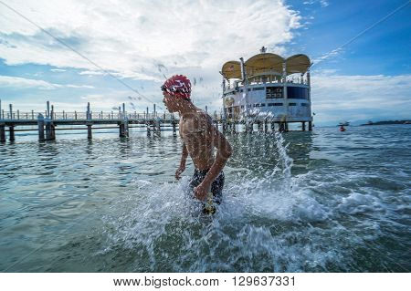 Labuan,Malaysia-April 30, 2016:The Cross Channel Swimming Outdoor 2016 athlete in action at Labuan International Sea Sports Complex at Labuan,Malaysia on 30th April 2016.