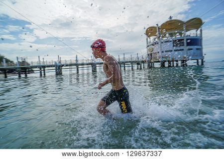 Labuan,Malaysia-April 30, 2016:The Cross Channel Swimming Outdoor 2016 athlete in action at Labuan International Sea Sports Complex at Labuan,Malaysia on 30th April 2016.