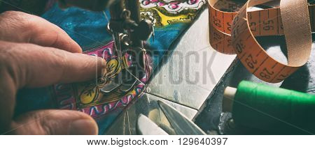 Old vintage hand sewing machine. Selective focus