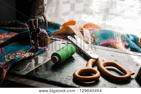 Old vintage hand sewing machine. Selective focus