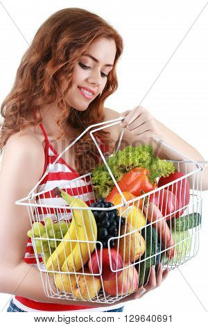 fruits and vegetables shopping. Female model happy